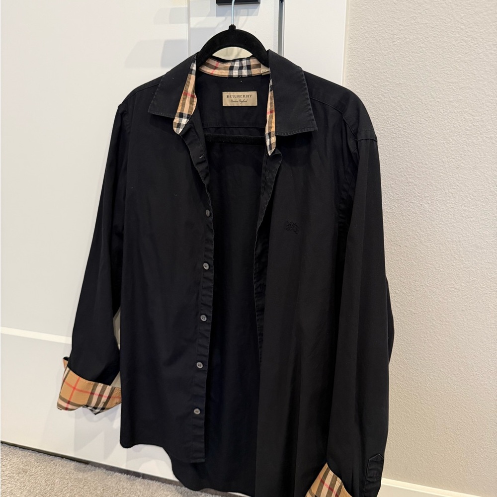 Burberry Black Button Down Shirt with Plaid Accents - Picture 2 of 7